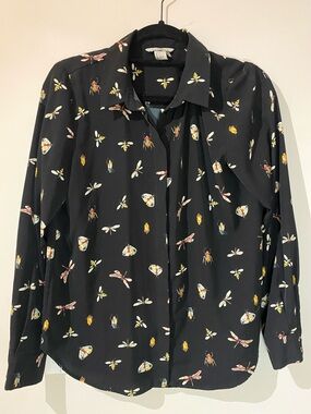 H&M Black Long-Sleeve Blouse with Insect Print